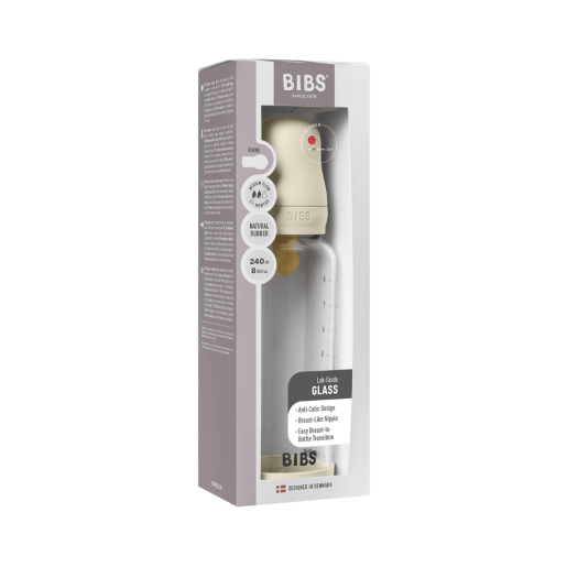 BIBS - Set complet biberon din sticla anticolici cu tetina din latex, flux mediu, 240 ml, Ivory